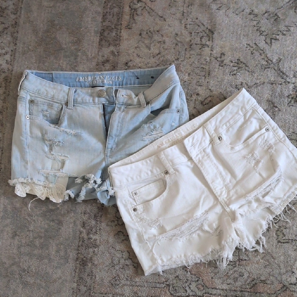 American Eagle Outfitters Women's Ripped Jean Shorts - Light Blue and White
